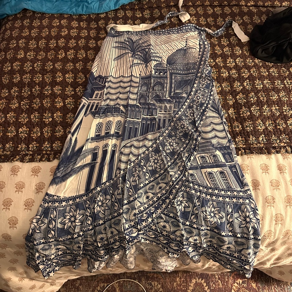 FARM Rio Blue and White Maxi Wrap Skirt with Town Print